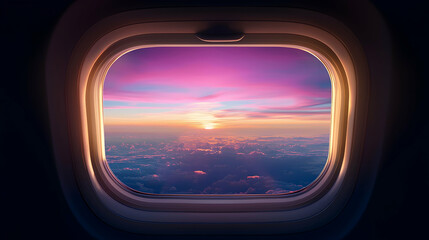 Naklejka premium Airplane Window View of Sunset Over City Lights