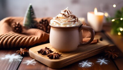 rustic ceramic mug filled with hot chocolate topped with whipped cream sits on wooden board creating cozy atmosphere