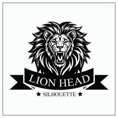 Roaring Lion Head Silhouette Vintage Black and White Illustration
