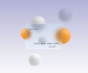 Clean vector credit card with soft glass morphism style and floating orange and white spheres on a light purple gradient, perfect for fintech and banking.