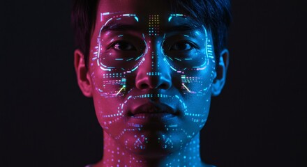 Asian man's face with neon digital facial mapping, showcasing futuristic technology