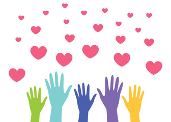 Obraz premium Diverse raised hands stretch upward toward floating hearts, symbolizing love, generosity, and collective community effort.
