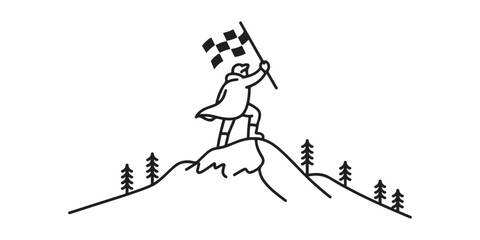 Person Celebrating Victory on Mountaintop with Checkered Flag