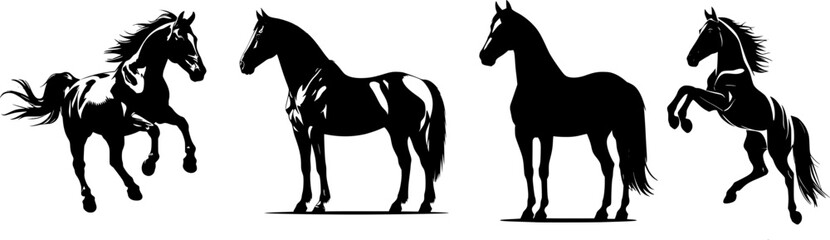 Obraz premium Horse Silhouettes in Various Poses – Elegant Black and White Vector Illustration of Standing and Rearing Horses, Isolated Animal Clipart for Equestrian and Nature Designs