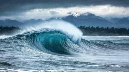 Powerful ocean wave crashing against the shore.