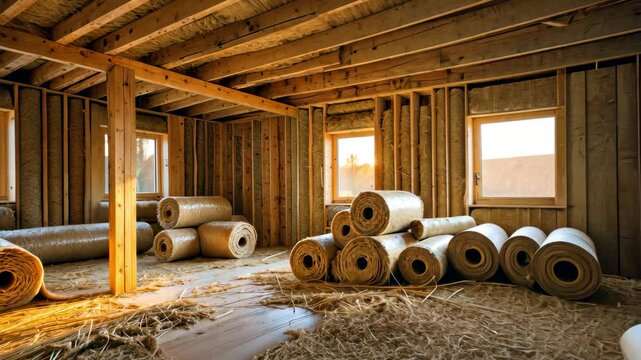 House Under Construction with Exposed Wooden Framing and Insulation Rolls on Unfinished Floor