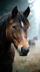 Obraz premium Majestic brown horse stands in misty forest during early morning light surrounded by nature