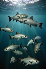 Fototapeta premium School of fish swimming underwater with rays of sunlight above 