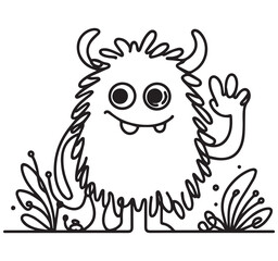 Fototapeta premium Cute Cartoon Monster Coloring Page: Fluffy Creature with Horns, Friendly Monster Illustration for Kids, Printable Line Art