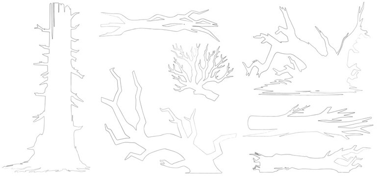 Minimal style cad broken tree line drawing. set of graphics trees elements outline symbol for architecture and landscape design drawing. Vector illustration