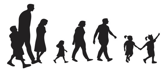 Happy family silhouettes walking together on white background