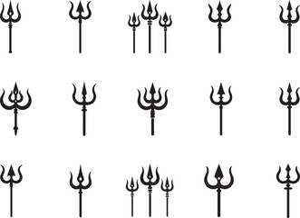Set of sixteen black trident icon designs isolated on white. Featuring different shapes, ideal for mythology, weaponry, or decor-related themes.

