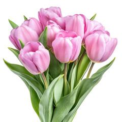 Bouquet Of Pink Tulips With Leaves Close Up  isolated on a transparent backgroun