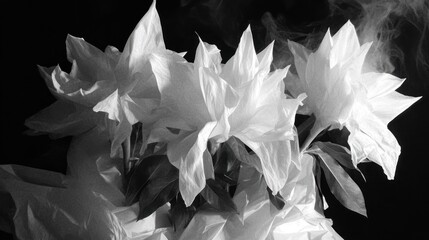 Smoky monochrome flowers, dark background, artistic still life, ideal for design