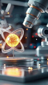 Microscope exploration of illuminated atom model in futuristic laboratory setting
