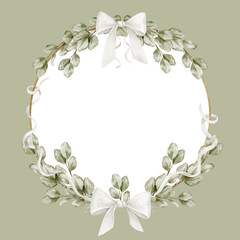 Watercolor round Wreath with green eucalyptus leaves, white cotton flowers and white ribbons. illustration of circular Template for baby shower invites or wedding greeting cards. Botanical border.