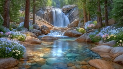 Naklejka premium Serene Waterfall Lush Greenery Peaceful River Tranquil Nature Scene Spring Flowers
