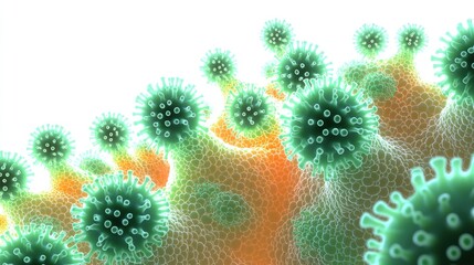Fototapeta premium Microscopic view of green viruses with orange and yellow textured background on solid background