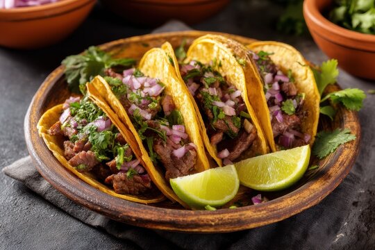 Mexikanische Tacos mit Rindfleisch Zwiebeln und Koriander traditionelle Streetfood Nahaufnahme authentische mexikanische K&uuml;che Tortillas mit Fleischf&uuml;llung und Limetten Streetfoodgericht