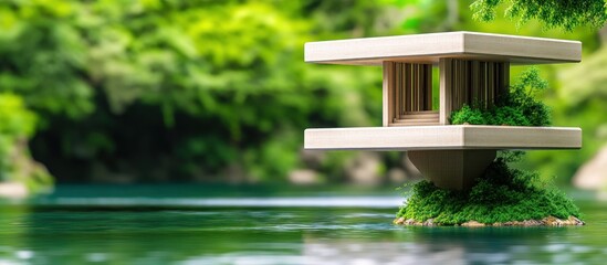 Modern house, lake, green nature, tranquility