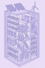 Modern Vertical Farm with Renewable Energy – Monochrome Purple Line Art

