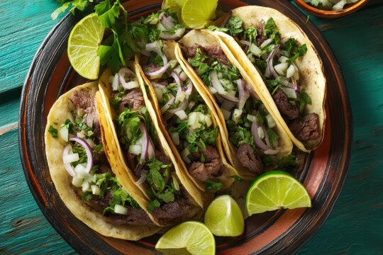 Mexikanische Tacos mit Rindfleisch Zwiebeln und Koriander traditionelle Streetfood Nahaufnahme authentische mexikanische K&uuml;che Tortillas mit Fleischf&uuml;llung und Limetten Streetfoodgericht