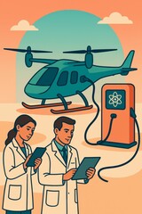 Scientists Charging Helicopter at Atomic Energy Station – Modern Vector Illustration

