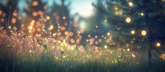 Magical forest, glowing plants, evening lights, dreamy background, fantasy art