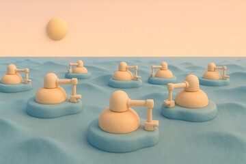 Robotic Arms on Water – Minimalist 3D Abstract Technology Illustration


