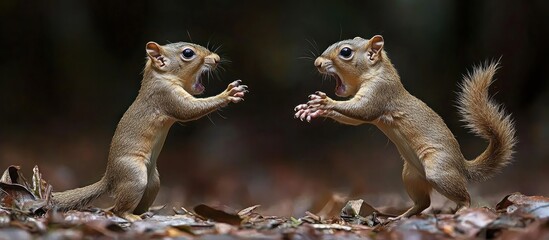 Two squirrels face off, screaming in forest.  Nature wildlife photography