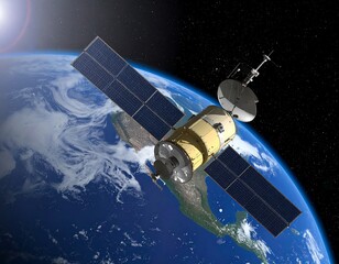 Obraz premium Satellite orbiting Earth, sun in background