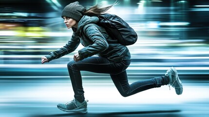Woman running city night blurred motion urban action