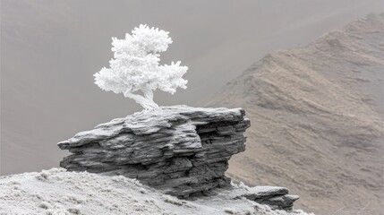 Frosty tree atop mountain peak, misty background; nature serenity