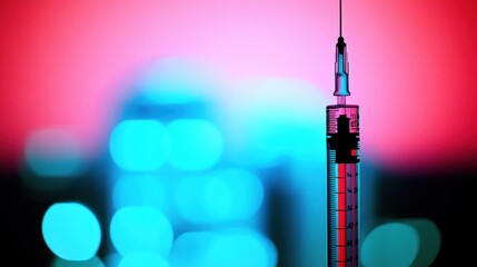 Syringe, medical injection, city lights, healthcare, vaccine