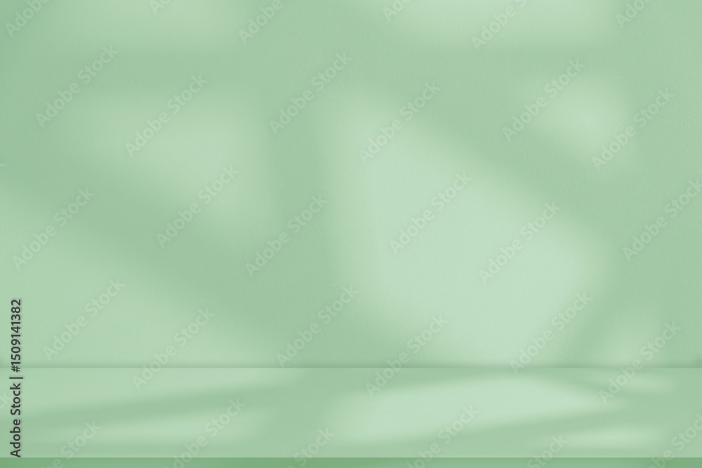 Aufkleber Green Background with shadow leaf,light overlay on podium stage for Product Display,Studio background with abstract sunlight on floor concrete and green wall concrete texture...