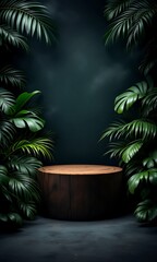 Dark green tropical background with wooden display stand