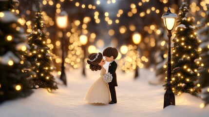 Winter wedding couple, snowy park, lights, romantic kiss, holiday card