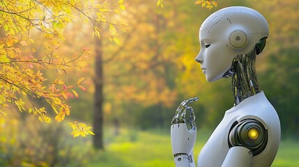 Serene robot meditating autumn park nature AI