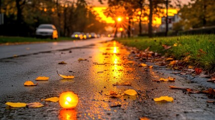 Autumn sunset street, candlelight, wet leaves, traffic