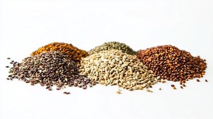 A collection of various seeds, neatly laid out into small heaps on a white background. The image conveys a sense of diversity, naturalness and healthy diet.
