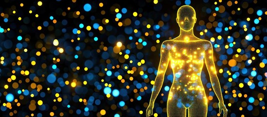 Glowing female body, energy particles, dark bokeh background, health concept