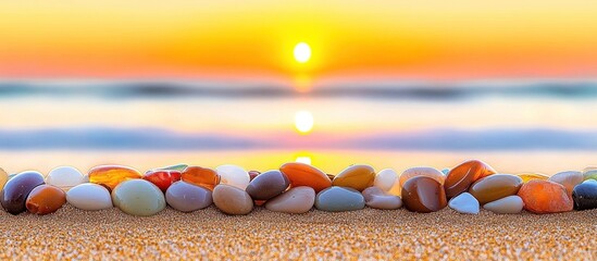 Colorful stones on beach at sunset; ocean background; serenity