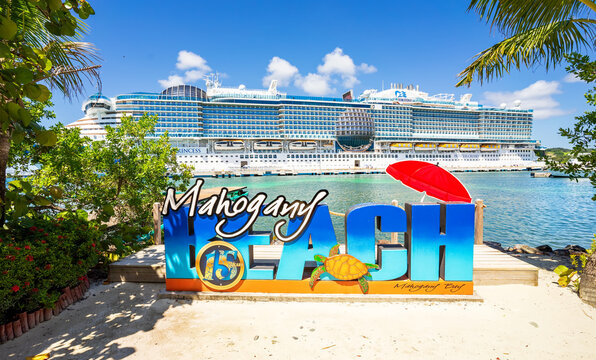 Mahogany Bay, Roatan, Honduras - March 03, 2025: Cruise ship Sun Princess docked at port Mahogany Bay, Roatan. The island is a popular Caribbean cruise destination