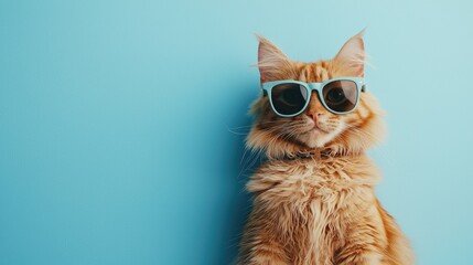 Ginger cat wearing light blue sunglasses with a confident pose against a soft blue background, ideal for humor, pet lifestyle branding, fashion concepts, or quirky advertising visuals