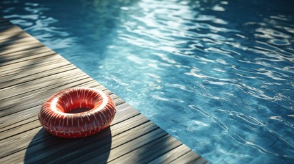 Inflatable circle by the pool on blue water for summer holidays