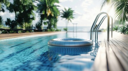 Inflatable circle by the pool on blue water for summer holidays