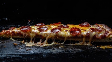 Melted Pepperoni Pizza Slice with Cheese Pull on Dark Background