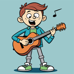 Teen playing guitar and singing passionately into microphone