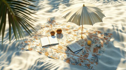 Beach Picnic Setup with Umbrella and Blanket for Seaside Relaxation, summer background