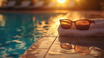 Sunglasses and towel by the pool for summer relaxation, summer background
